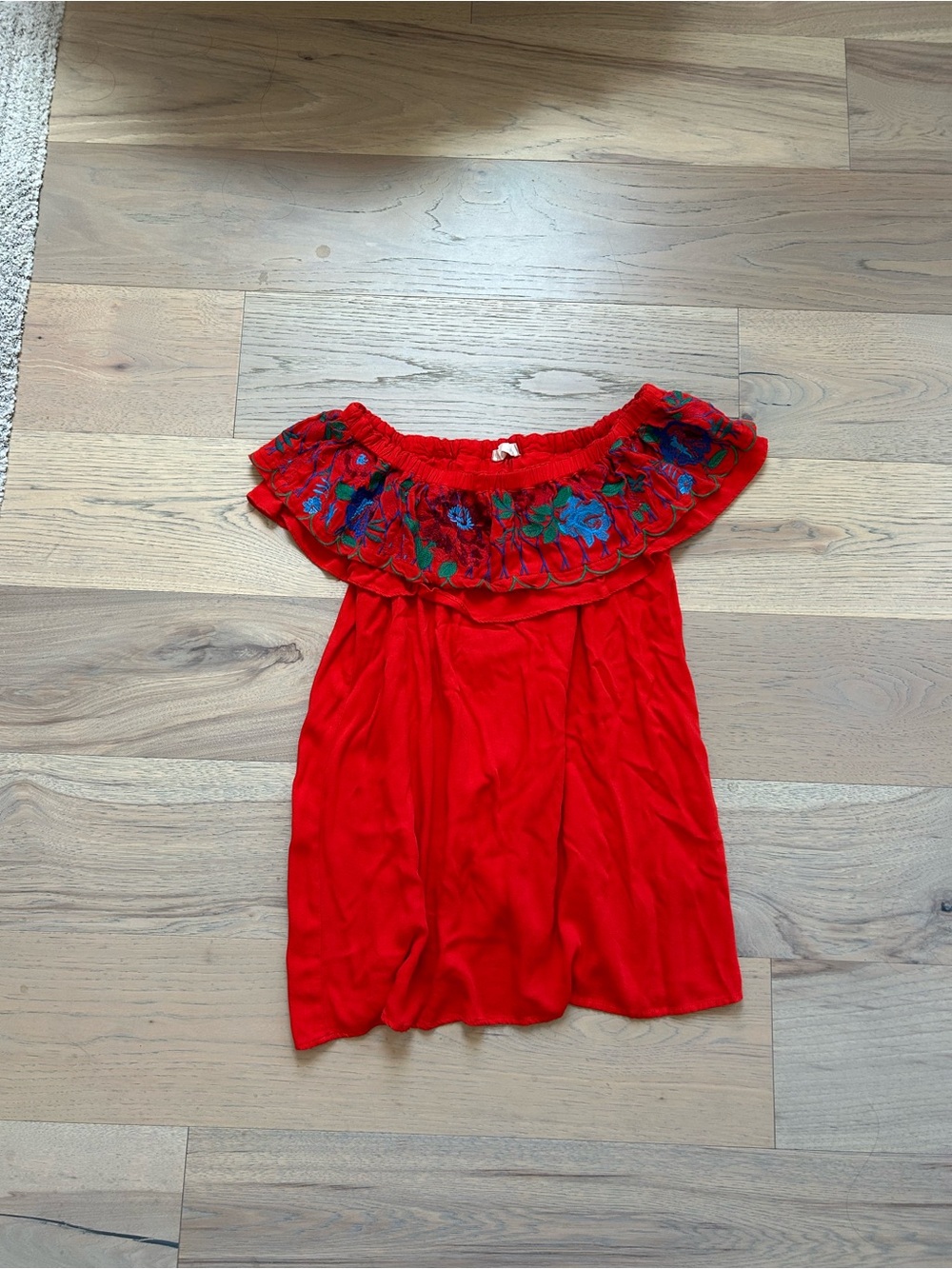 altard state Red Off-Shoulder Ruffle dress with Floral Embroidery
